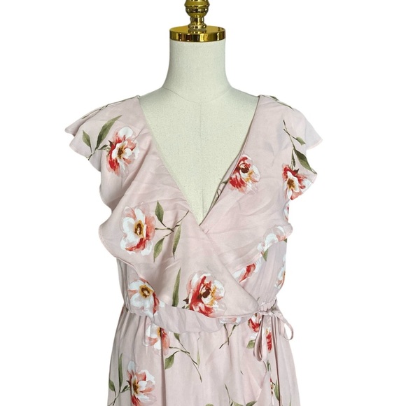 Soprano Women’s Pink Floral Asymmetrical Ruffle Trim Wrap Flowy Fairy Dress Sz L - Picture 5 of 8